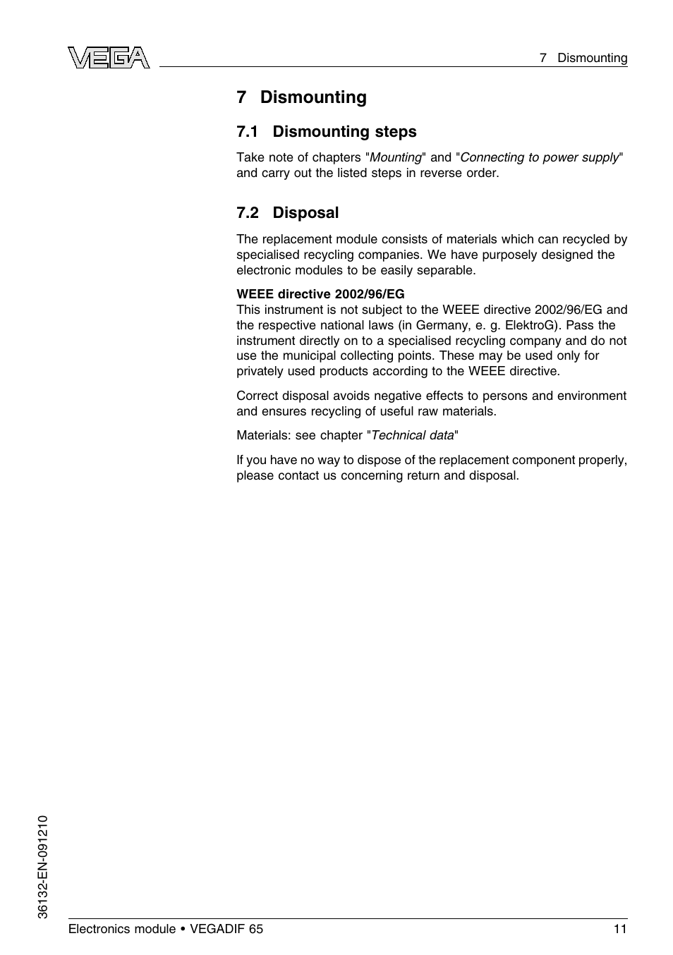 7 dismounting, 1 dismounting steps, 2 disposal | 7dismounting | VEGA VEGADIF 65 Electronics module User Manual | Page 11 / 16