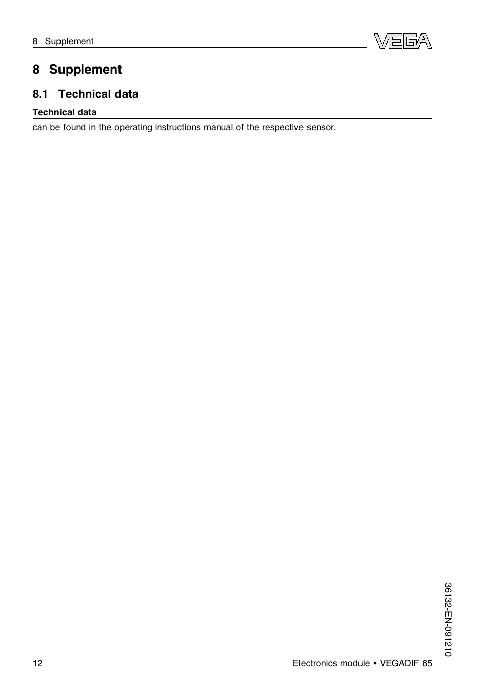 8 supplement, 1 technical data, 8supplement | VEGA VEGADIF 65 Electronics module User Manual | Page 12 / 16