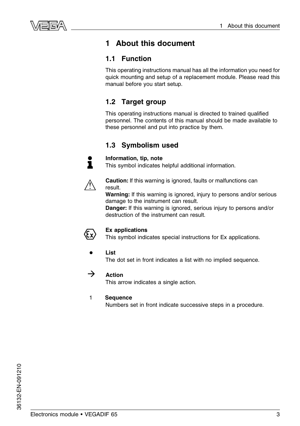 1 about this document, 1 function, 2 target group | 3 symbolism used, 1about this document | VEGA VEGADIF 65 Electronics module User Manual | Page 3 / 16