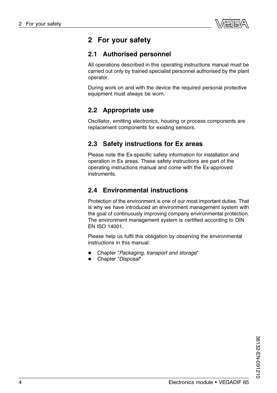 2 for your safety, 1 authorised personnel, 2 appropriate use | 3 safety instructions for ex areas, 4 environmental instructions, 2for your safety | VEGA VEGADIF 65 Electronics module User Manual | Page 4 / 16
