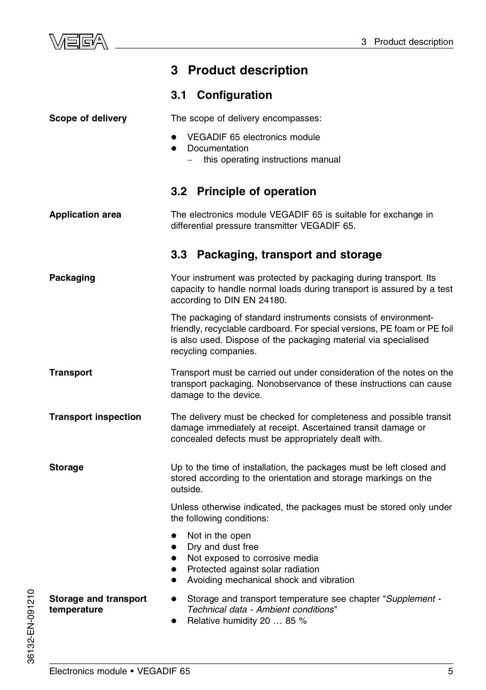 3 product description, 1 configuration, 2 principle of operation | 3 packaging, transport and storage, 3product description, 1 conﬁguration | VEGA VEGADIF 65 Electronics module User Manual | Page 5 / 16