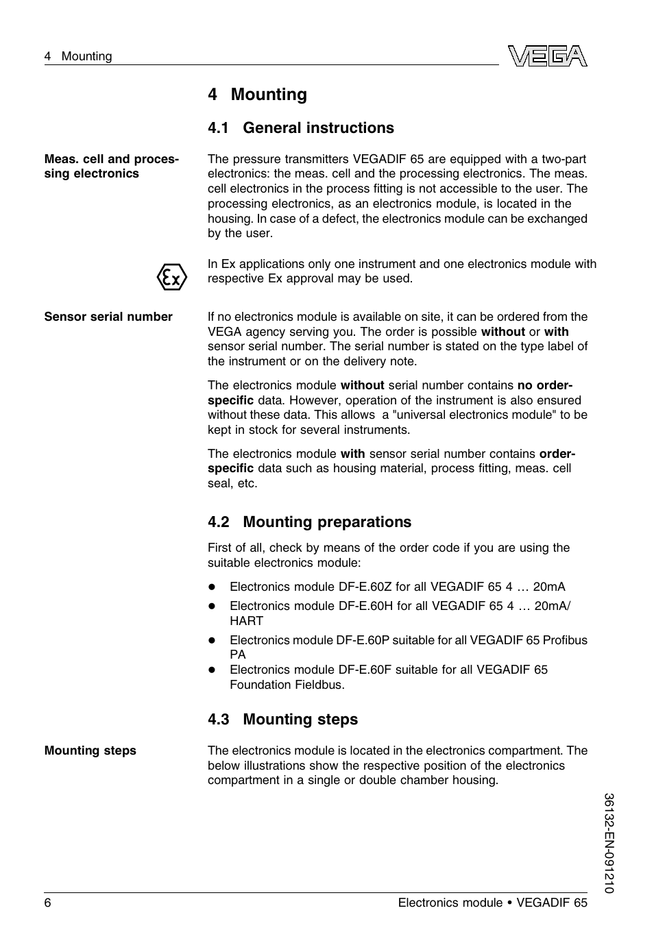 4 mounting, 1 general instructions, 2 mounting preparations | 3 mounting steps, 4mounting | VEGA VEGADIF 65 Electronics module User Manual | Page 6 / 16