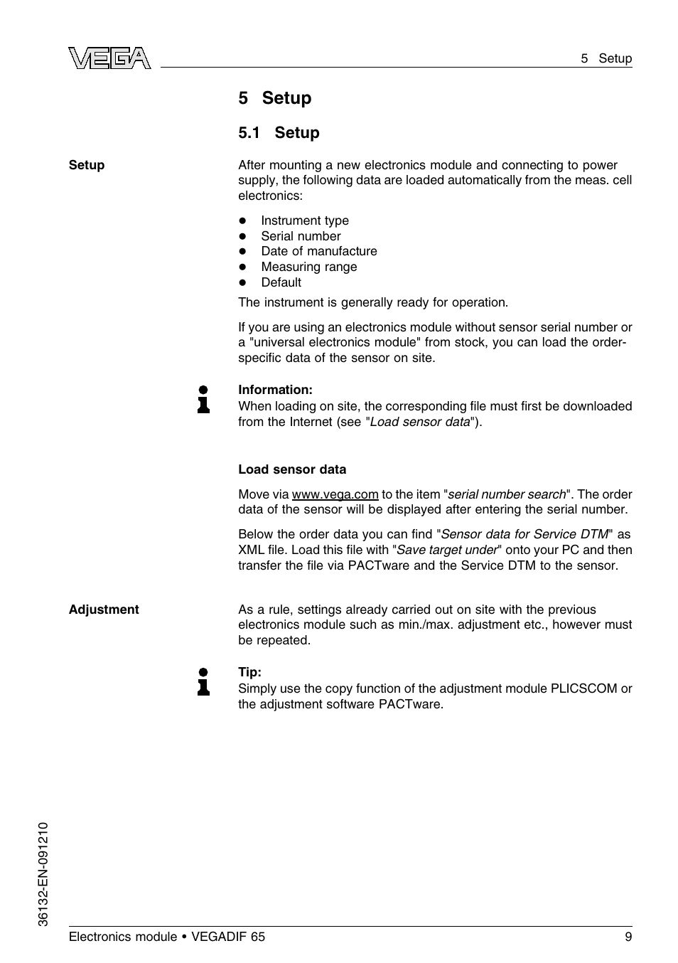 5 setup, 1 setup, 5setup | VEGA VEGADIF 65 Electronics module User Manual | Page 9 / 16