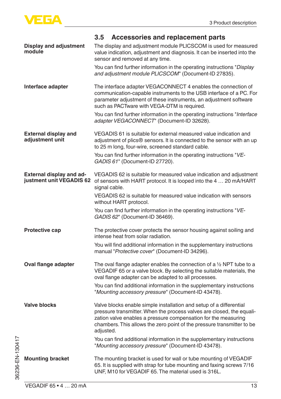 5 accessories and replacement parts | VEGA VEGADIF 65 4 … 20 mA User Manual | Page 13 / 88