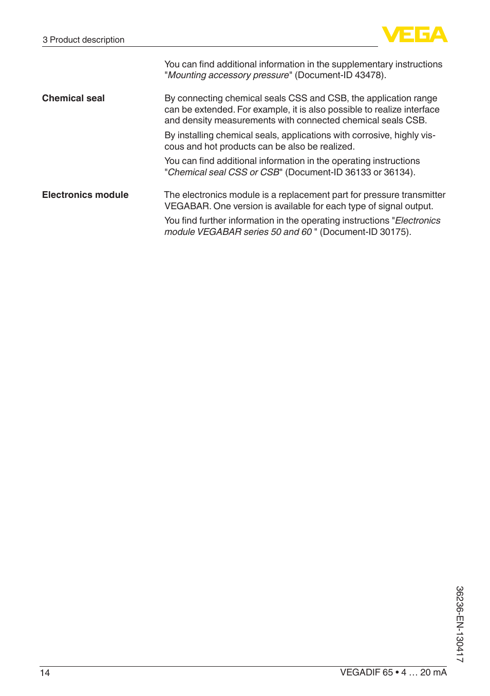 VEGA VEGADIF 65 4 … 20 mA User Manual | Page 14 / 88