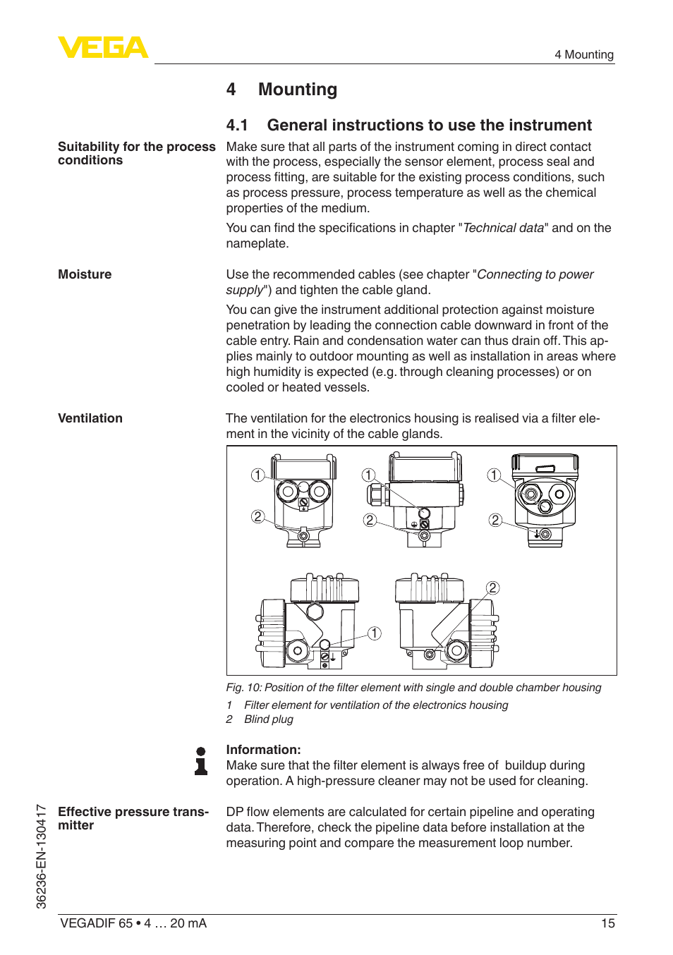 4 mounting, 1 general instructions to use the instrument | VEGA VEGADIF 65 4 … 20 mA User Manual | Page 15 / 88
