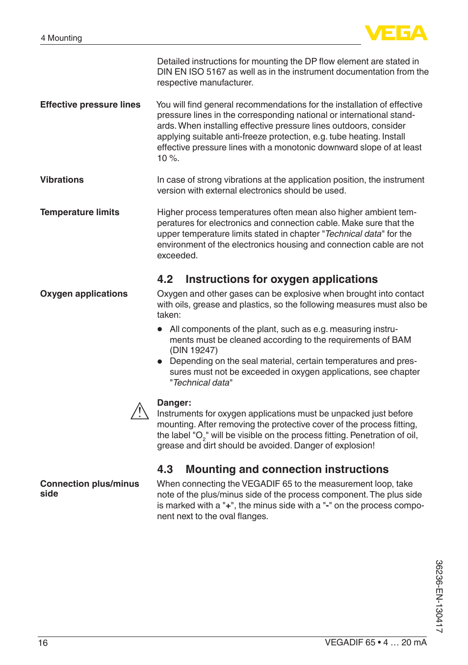 2 instructions for oxygen applications, 3 mounting and connection instructions | VEGA VEGADIF 65 4 … 20 mA User Manual | Page 16 / 88