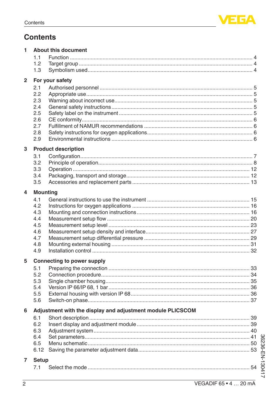 VEGA VEGADIF 65 4 … 20 mA User Manual | Page 2 / 88