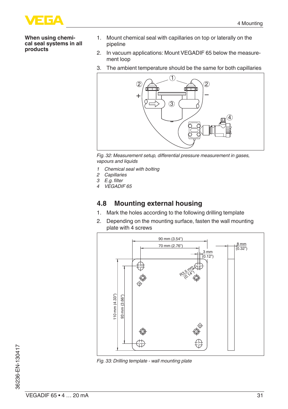 8 mounting external housing | VEGA VEGADIF 65 4 … 20 mA User Manual | Page 31 / 88
