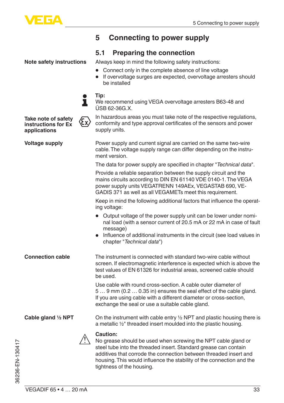 5 connecting to power supply | VEGA VEGADIF 65 4 … 20 mA User Manual | Page 33 / 88