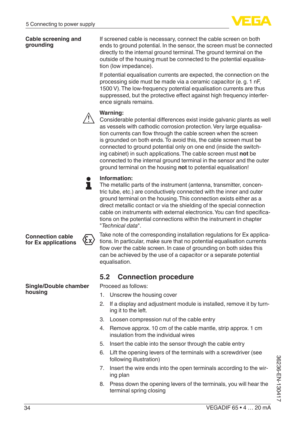2 connection procedure | VEGA VEGADIF 65 4 … 20 mA User Manual | Page 34 / 88