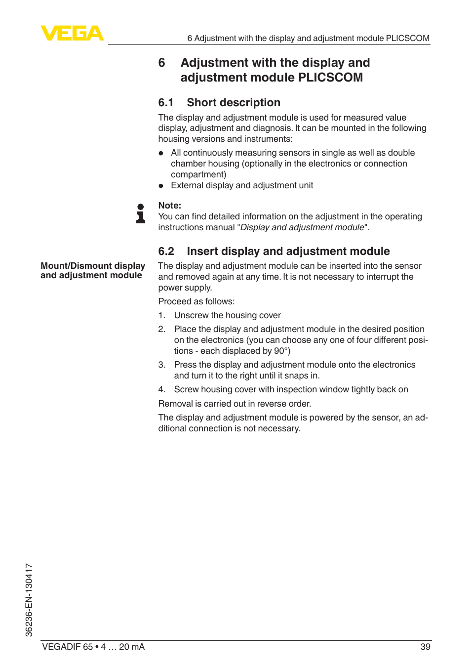 VEGA VEGADIF 65 4 … 20 mA User Manual | Page 39 / 88