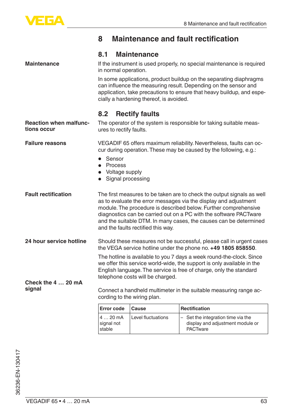 8 maintenance and fault rectification, 1 maintenance, 2 rectify faults | VEGA VEGADIF 65 4 … 20 mA User Manual | Page 63 / 88
