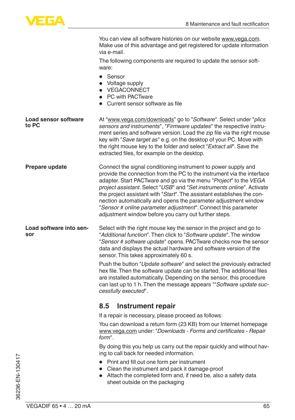 VEGA VEGADIF 65 4 … 20 mA User Manual | Page 65 / 88