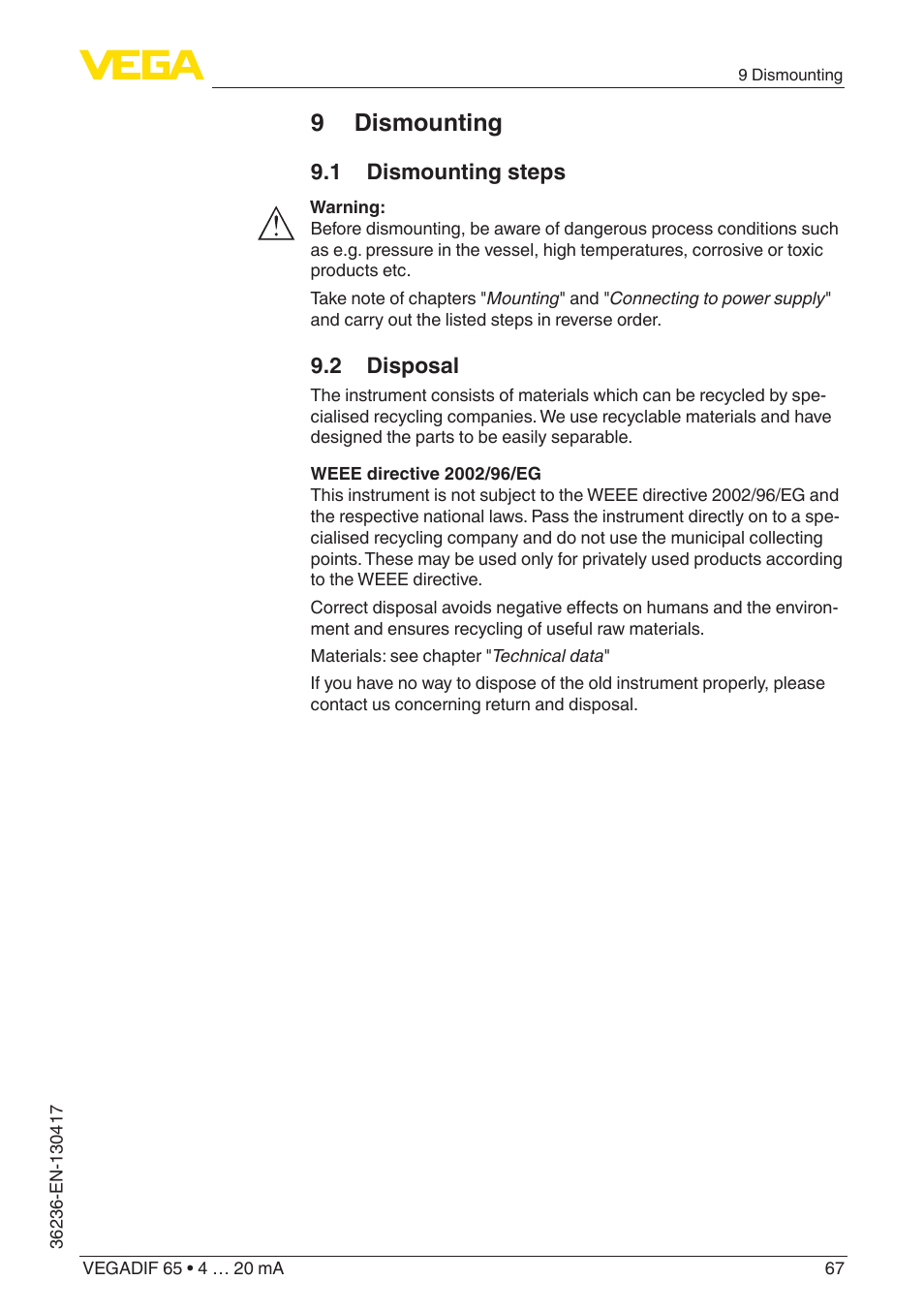 9 dismounting | VEGA VEGADIF 65 4 … 20 mA User Manual | Page 67 / 88