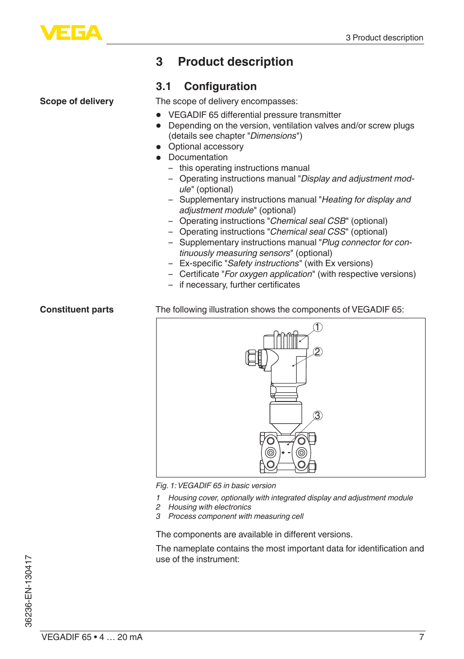 3 product description | VEGA VEGADIF 65 4 … 20 mA User Manual | Page 7 / 88