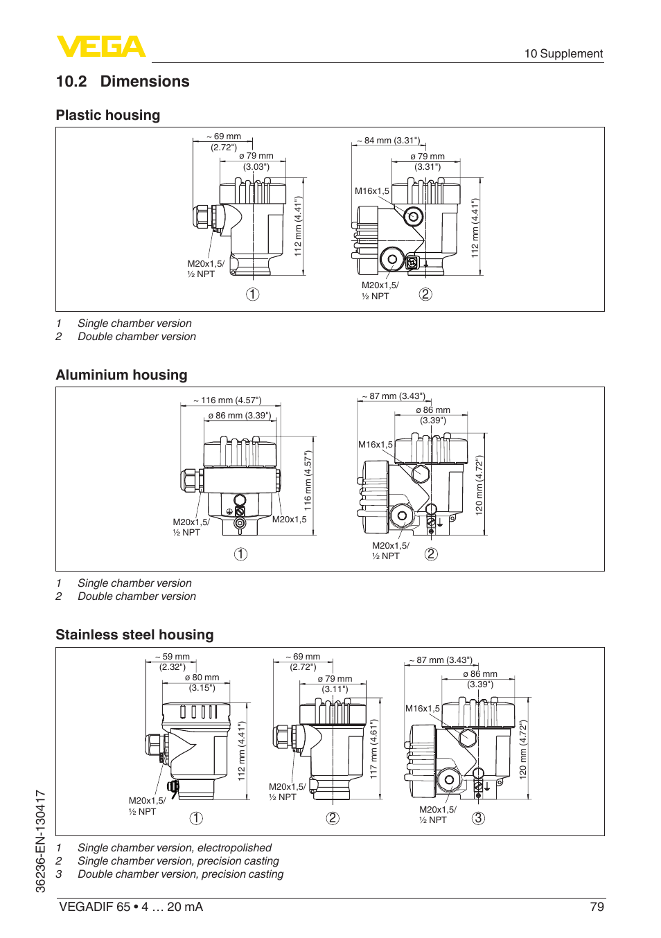 2 dimensions, Plastic housing, Aluminium housing | Stainless steel housing | VEGA VEGADIF 65 4 … 20 mA User Manual | Page 79 / 88