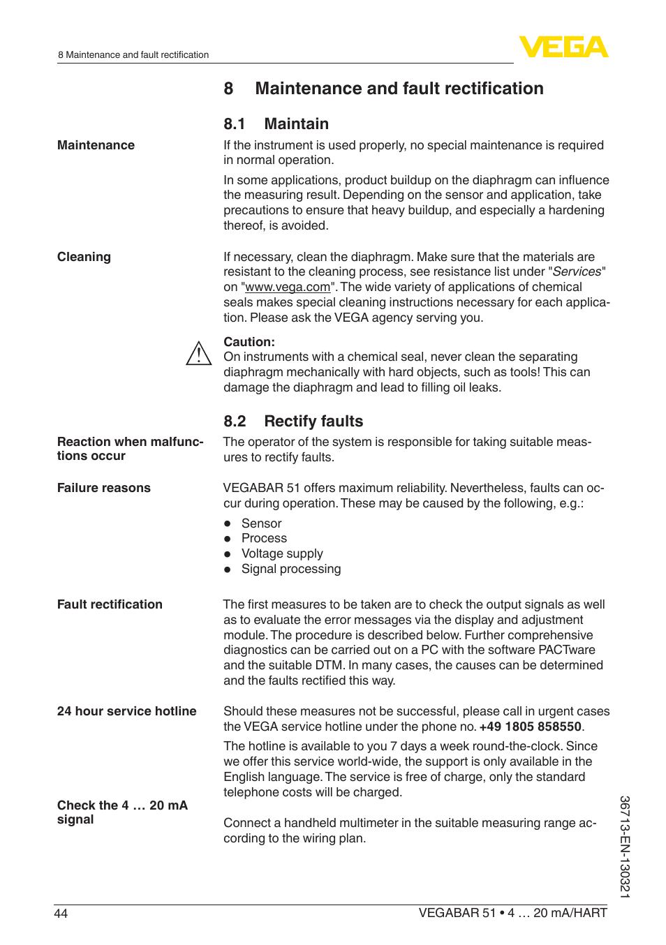 8 maintenance and fault rectification | VEGA VEGABAR 51 4 … 20 mA_HART User Manual | Page 44 / 76