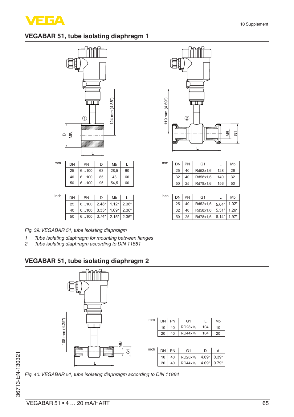 Vegabar 51, tube isolating diaphragm 1, Vegabar 51, tube isolating diaphragm 2 | VEGA VEGABAR 51 4 … 20 mA_HART User Manual | Page 65 / 76