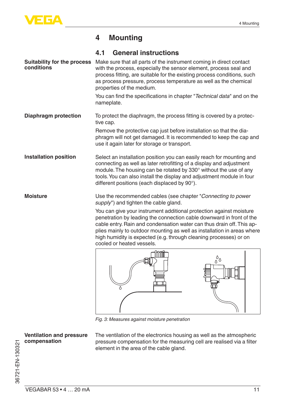 4 mounting, 1 general instructions | VEGA VEGABAR 53 4 … 20 mA User Manual | Page 11 / 60