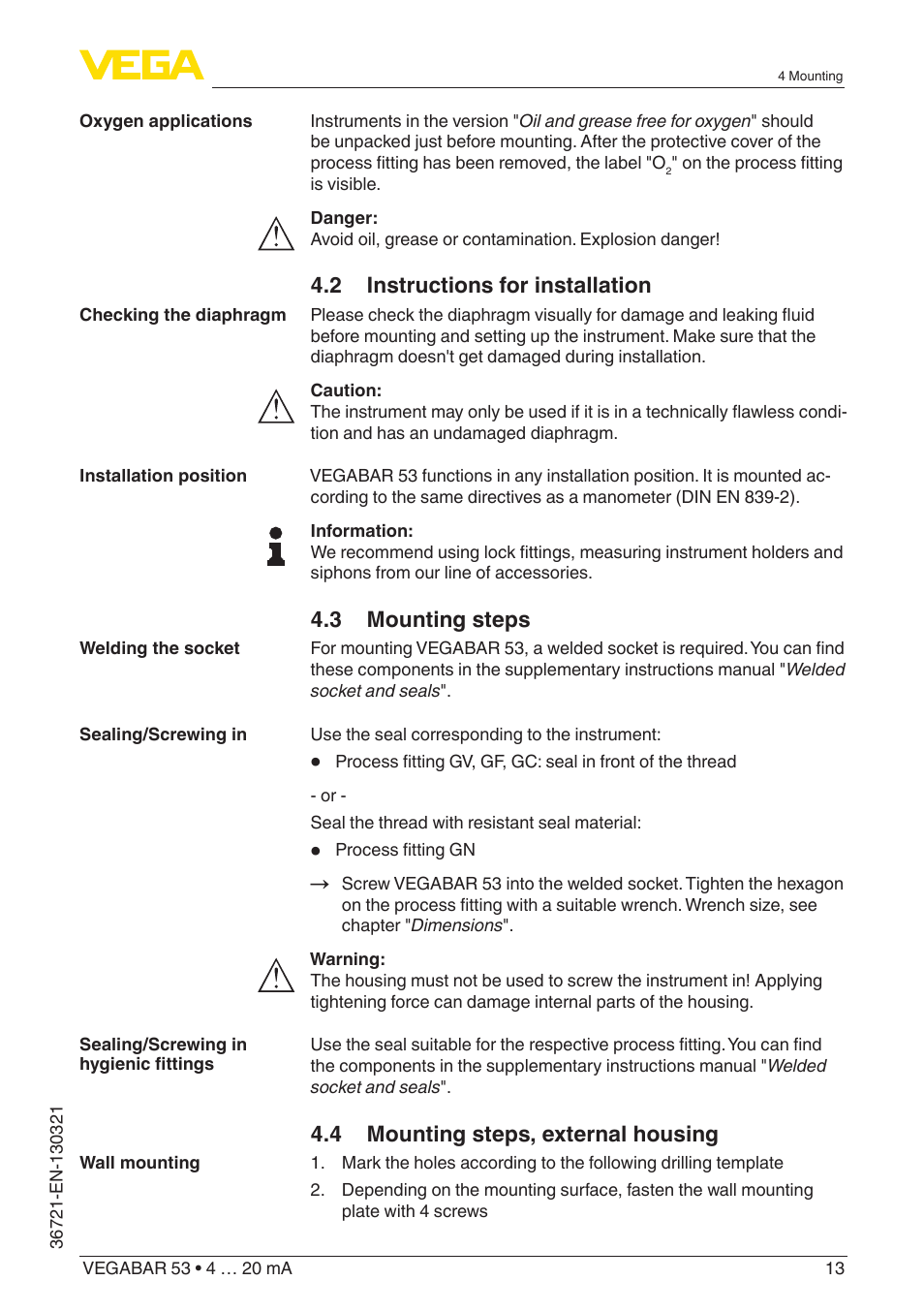 2 instructions for installation, 3 mounting steps, 4 mounting steps, external housing | VEGA VEGABAR 53 4 … 20 mA User Manual | Page 13 / 60