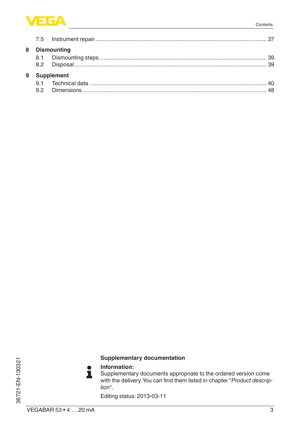 VEGA VEGABAR 53 4 … 20 mA User Manual | Page 3 / 60