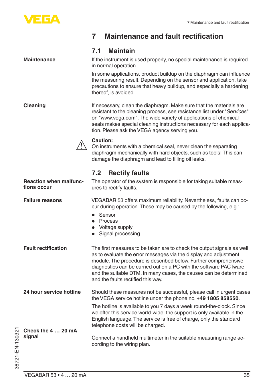 7 maintenance and fault rectification | VEGA VEGABAR 53 4 … 20 mA User Manual | Page 35 / 60