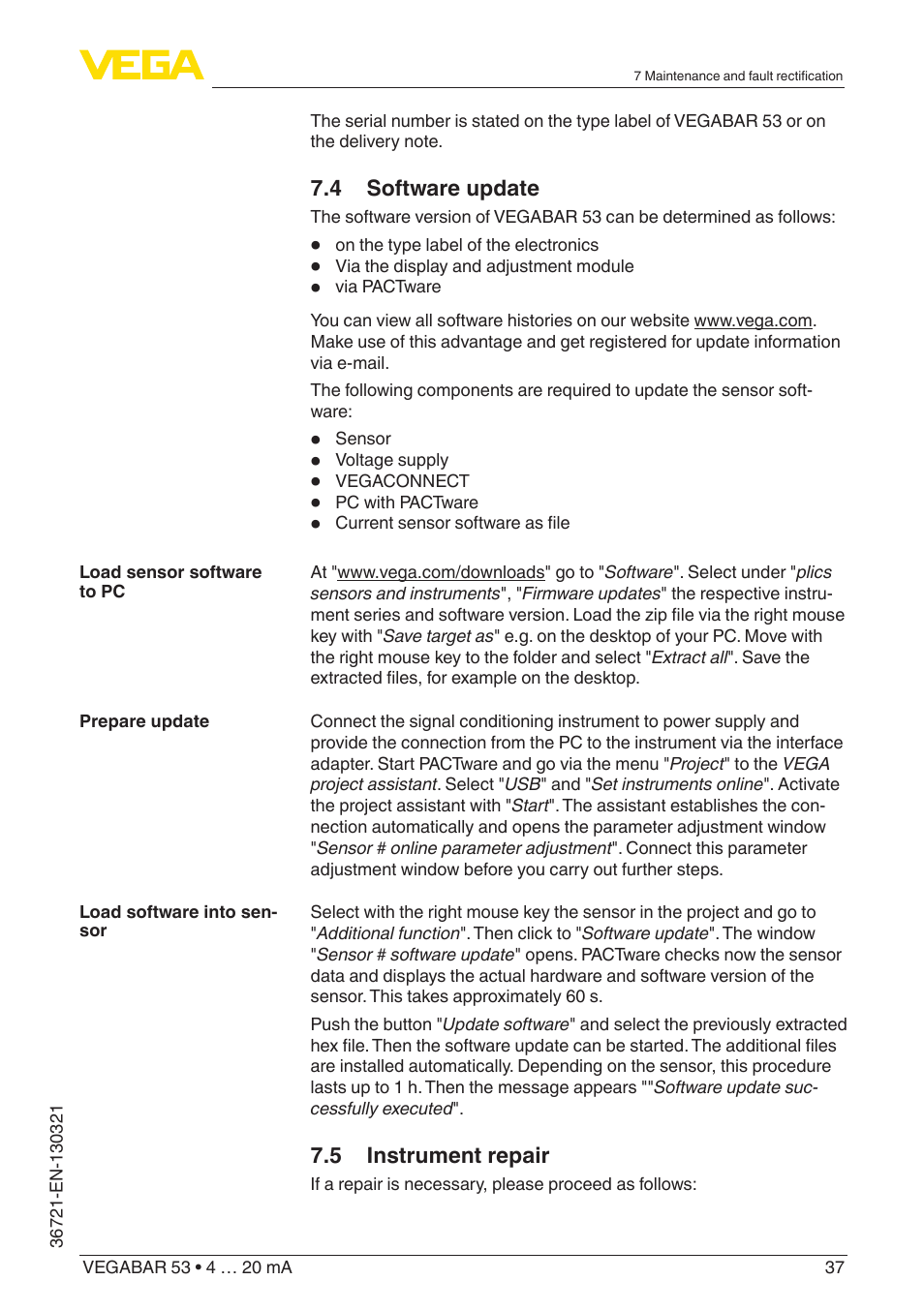 VEGA VEGABAR 53 4 … 20 mA User Manual | Page 37 / 60