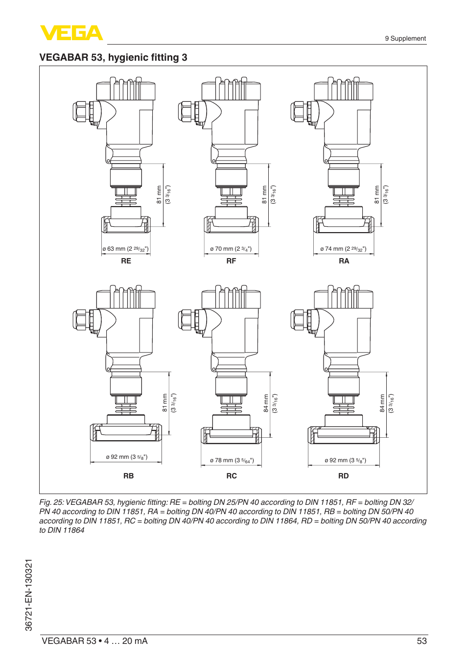 Vegabar 53, hygienic fitting 3, Rb rc rd re | VEGA VEGABAR 53 4 … 20 mA User Manual | Page 53 / 60