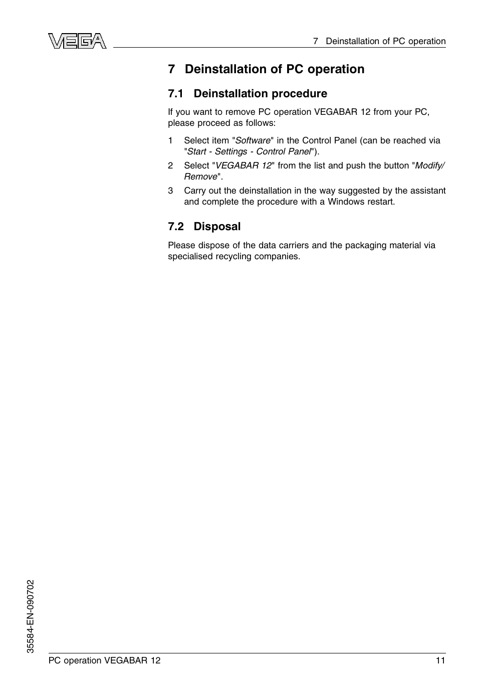 7 deinstallation of pc operation, 1 deinstallation procedure, 2 disposal | 7deinstallation of pc operation | VEGA VEGABAR 12 PC operation User Manual | Page 11 / 16