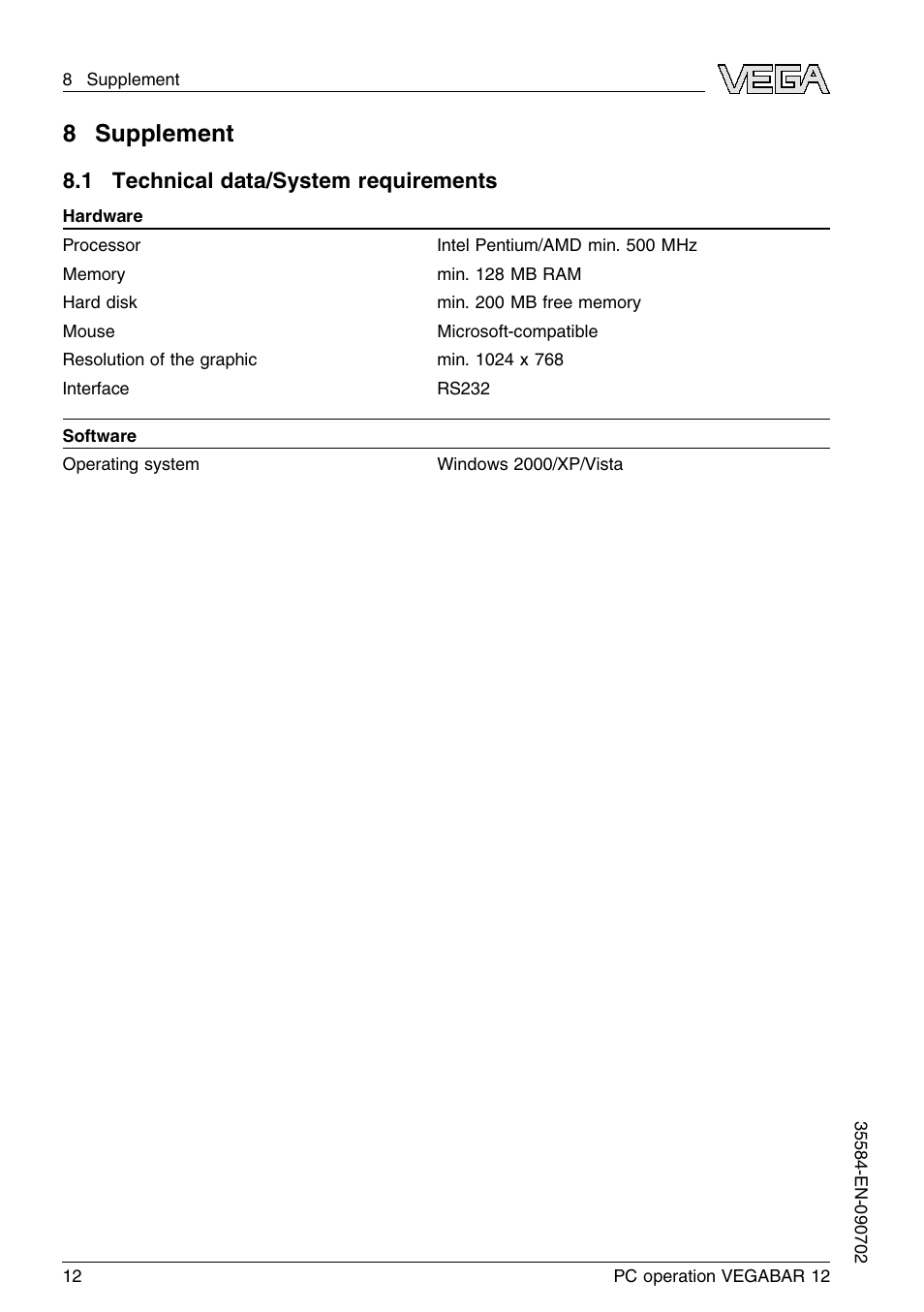 8 supplement, 1 technical data/system requirements, 8supplement | VEGA VEGABAR 12 PC operation User Manual | Page 12 / 16