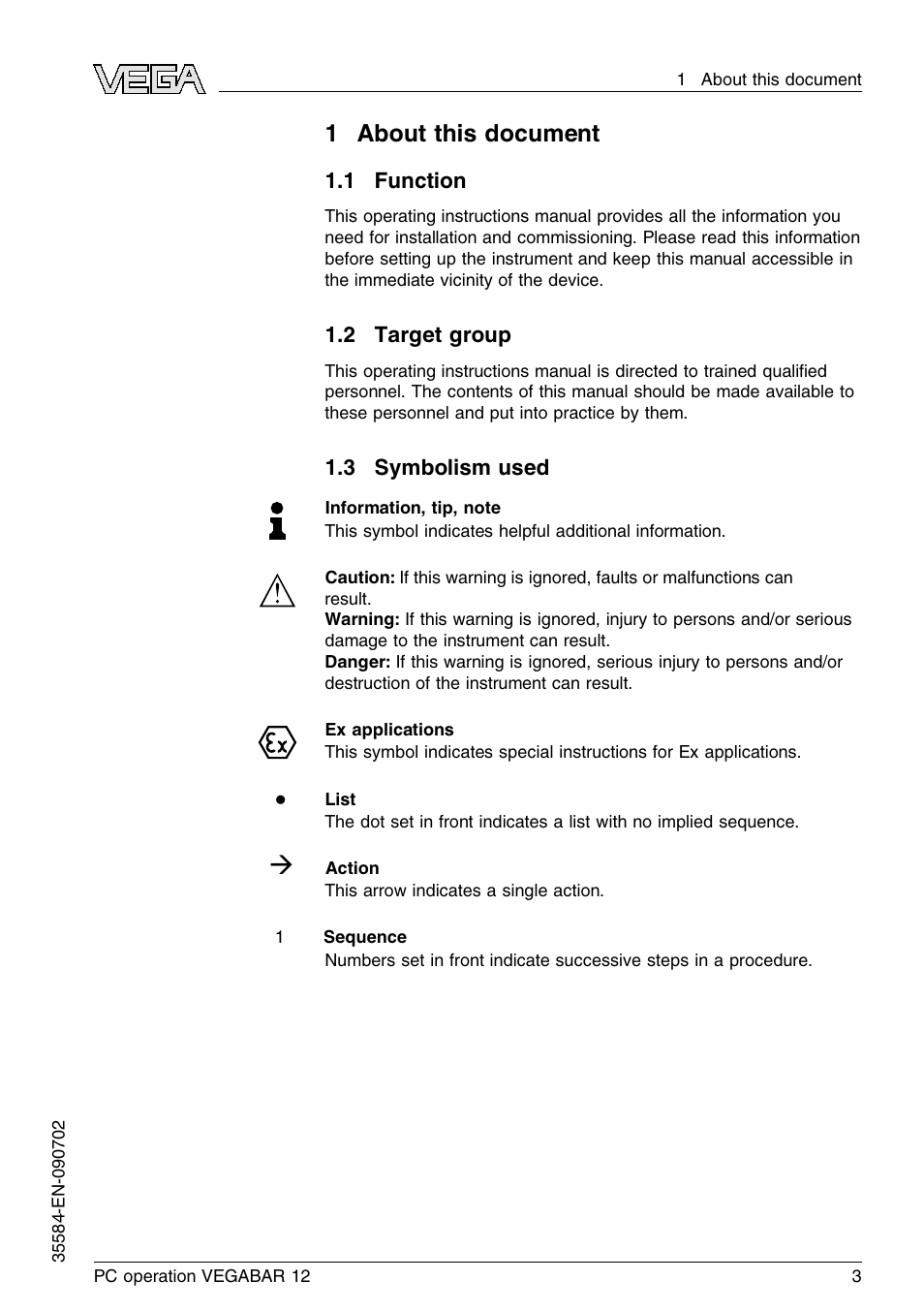 1 about this document, 1 function, 2 target group | 3 symbolism used, 1about this document | VEGA VEGABAR 12 PC operation User Manual | Page 3 / 16