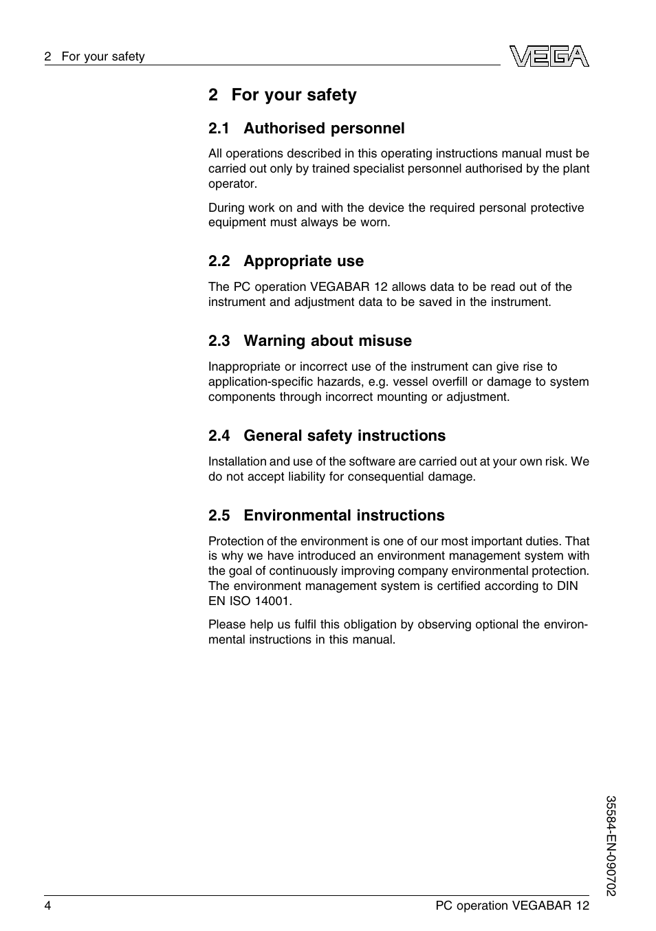 2 for your safety, 1 authorised personnel, 2 appropriate use | 3 warning about misuse, 4 general safety instructions, 5 environmental instructions, 2for your safety | VEGA VEGABAR 12 PC operation User Manual | Page 4 / 16