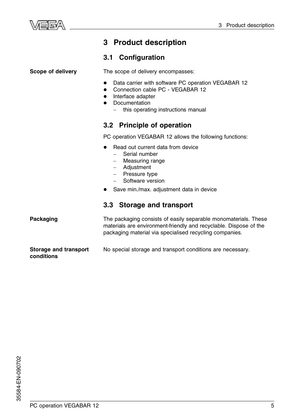 3 product description, 1 configuration, 2 principle of operation | 3 storage and transport, 3product description, 1 conﬁguration | VEGA VEGABAR 12 PC operation User Manual | Page 5 / 16