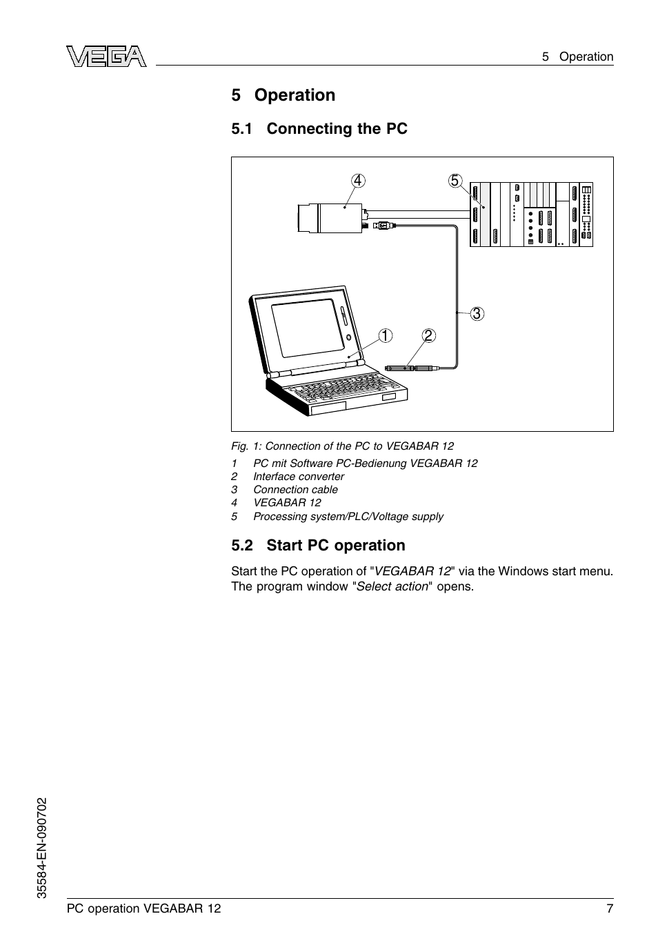 0 operation, 1 connecting the pc, 2 start pc operation | 5operation | VEGA VEGABAR 12 PC operation User Manual | Page 7 / 16
