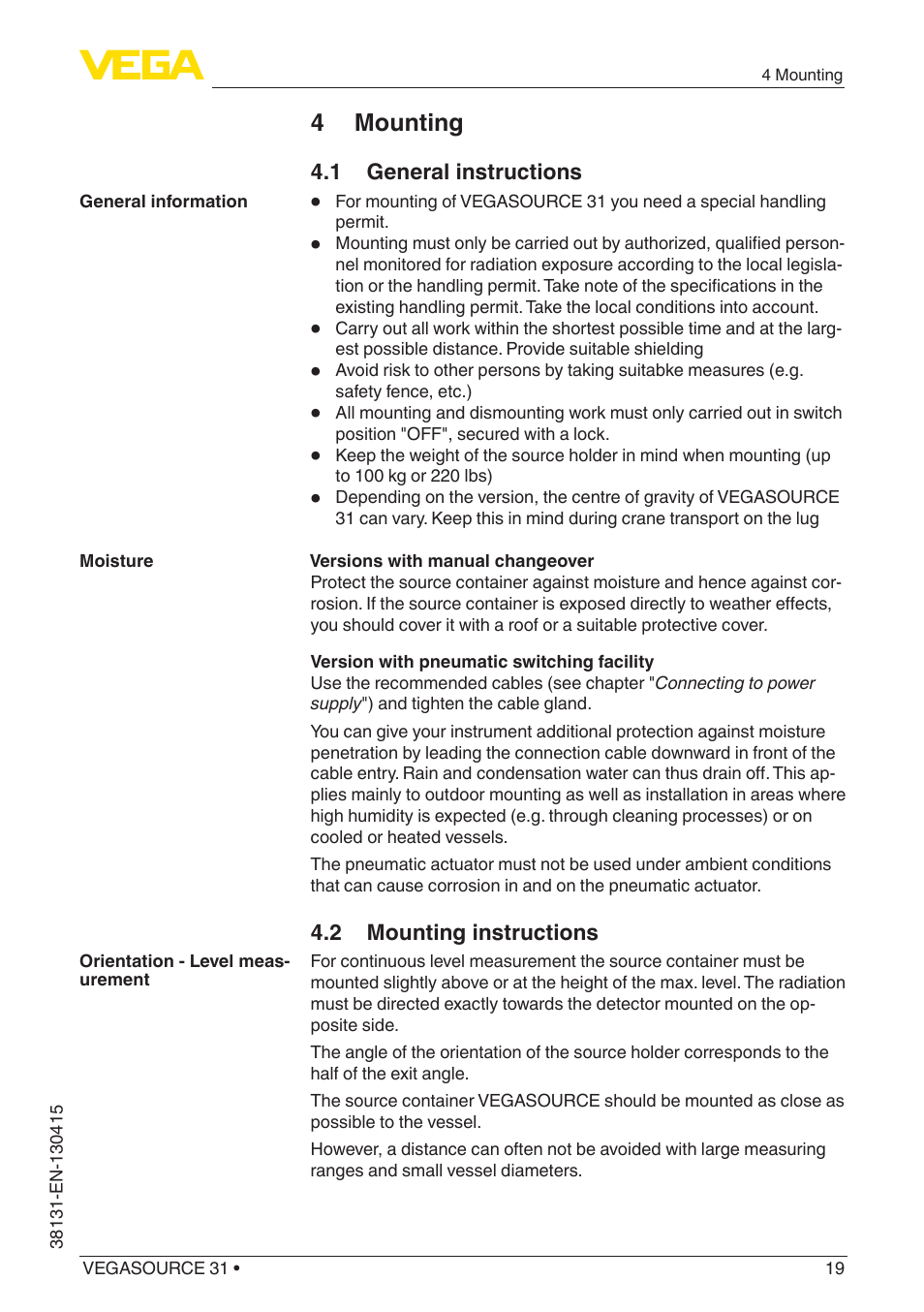 4 mounting | VEGA VEGASOURCE 31 User Manual | Page 19 / 64