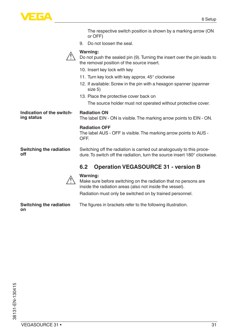 2 operation vegasource 31 - version b | VEGA VEGASOURCE 31 User Manual | Page 31 / 64