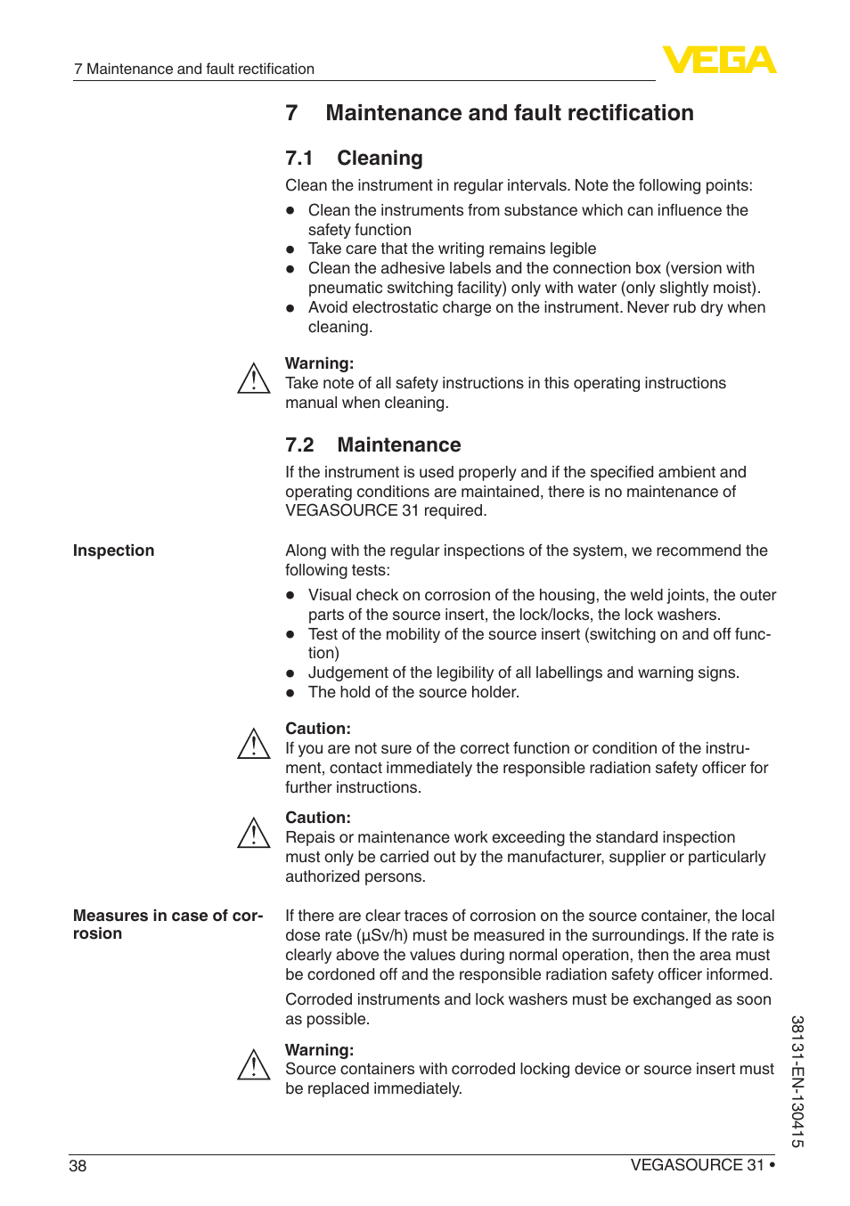 7 maintenance and fault rectification | VEGA VEGASOURCE 31 User Manual | Page 38 / 64