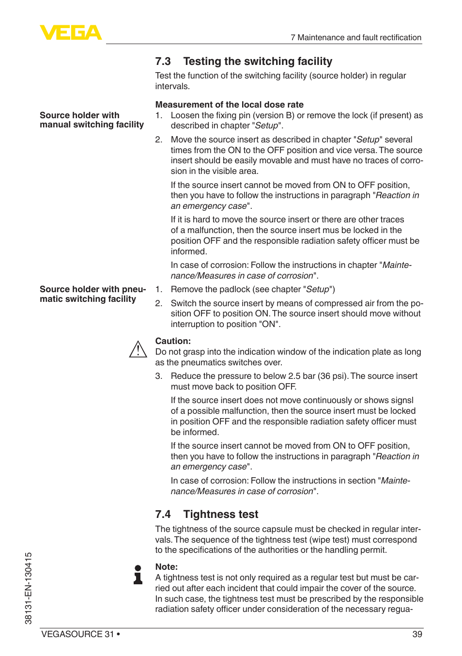 3 testing the switching facility, 4 tightness test | VEGA VEGASOURCE 31 User Manual | Page 39 / 64