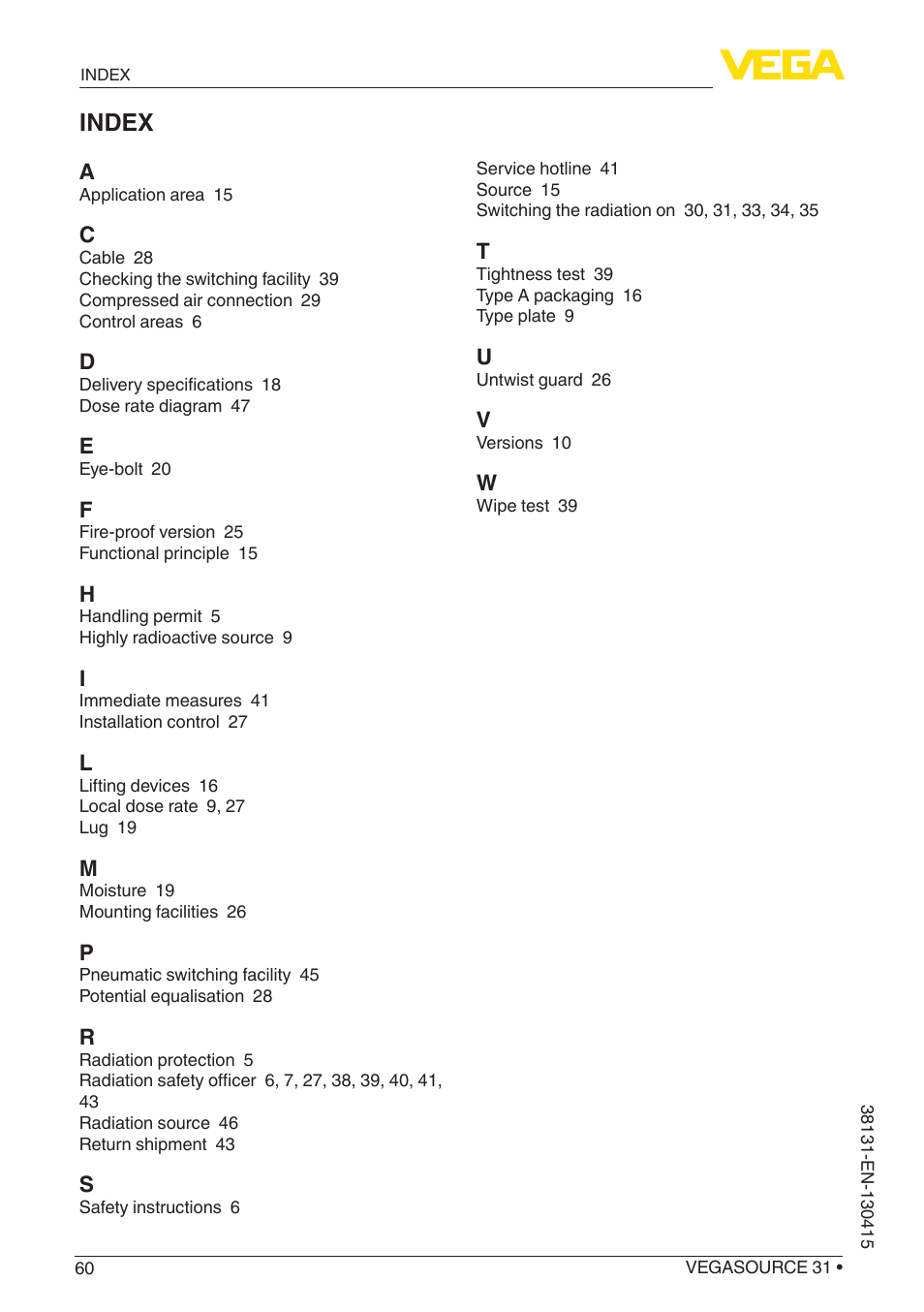 Index | VEGA VEGASOURCE 31 User Manual | Page 60 / 64
