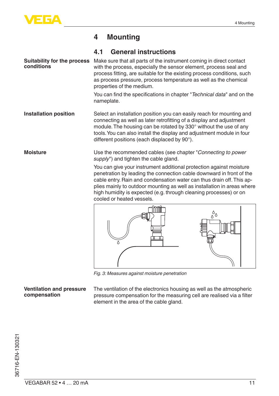 4 mounting, 1 general instructions | VEGA VEGABAR 52 4 … 20 mA User Manual | Page 11 / 64