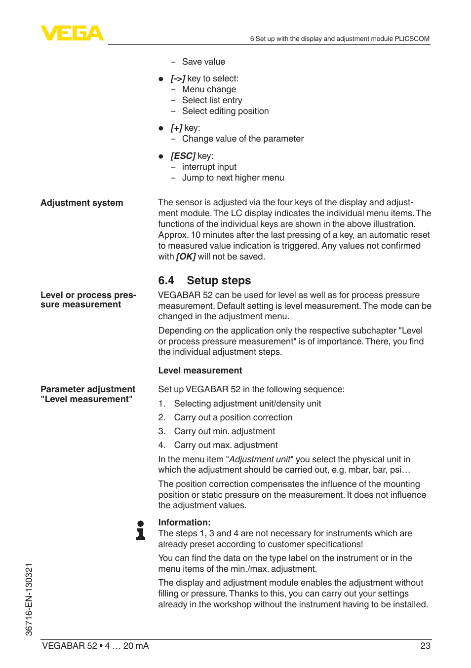 4 setup steps | VEGA VEGABAR 52 4 … 20 mA User Manual | Page 23 / 64