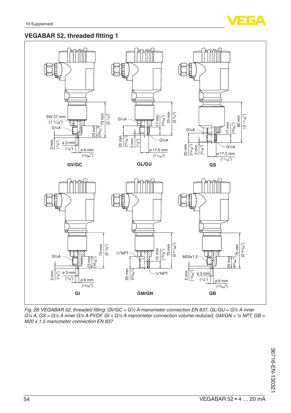 Vegabar 52, threaded fitting 1, Gi gm/gn gv/gc gb gs gl/gu | VEGA VEGABAR 52 4 … 20 mA User Manual | Page 54 / 64