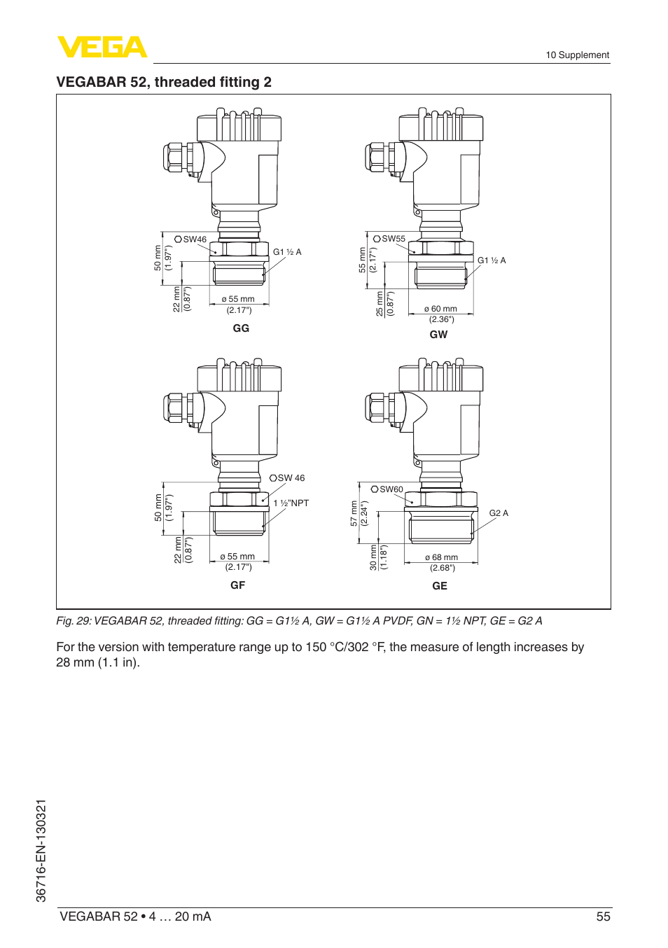 Vegabar 52, threaded fitting 2 | VEGA VEGABAR 52 4 … 20 mA User Manual | Page 55 / 64