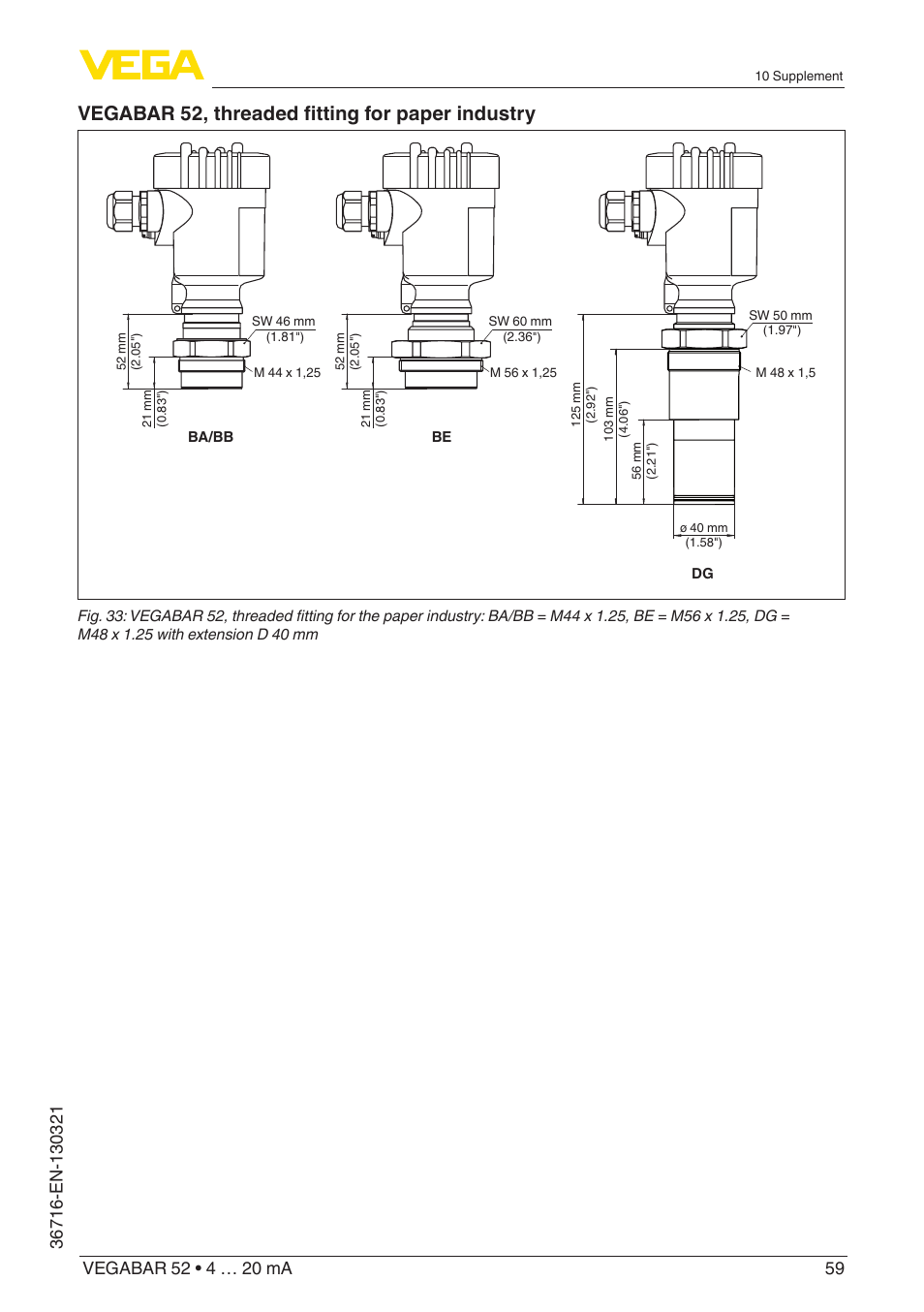 Vegabar 52, threaded fitting for paper industry | VEGA VEGABAR 52 4 … 20 mA User Manual | Page 59 / 64