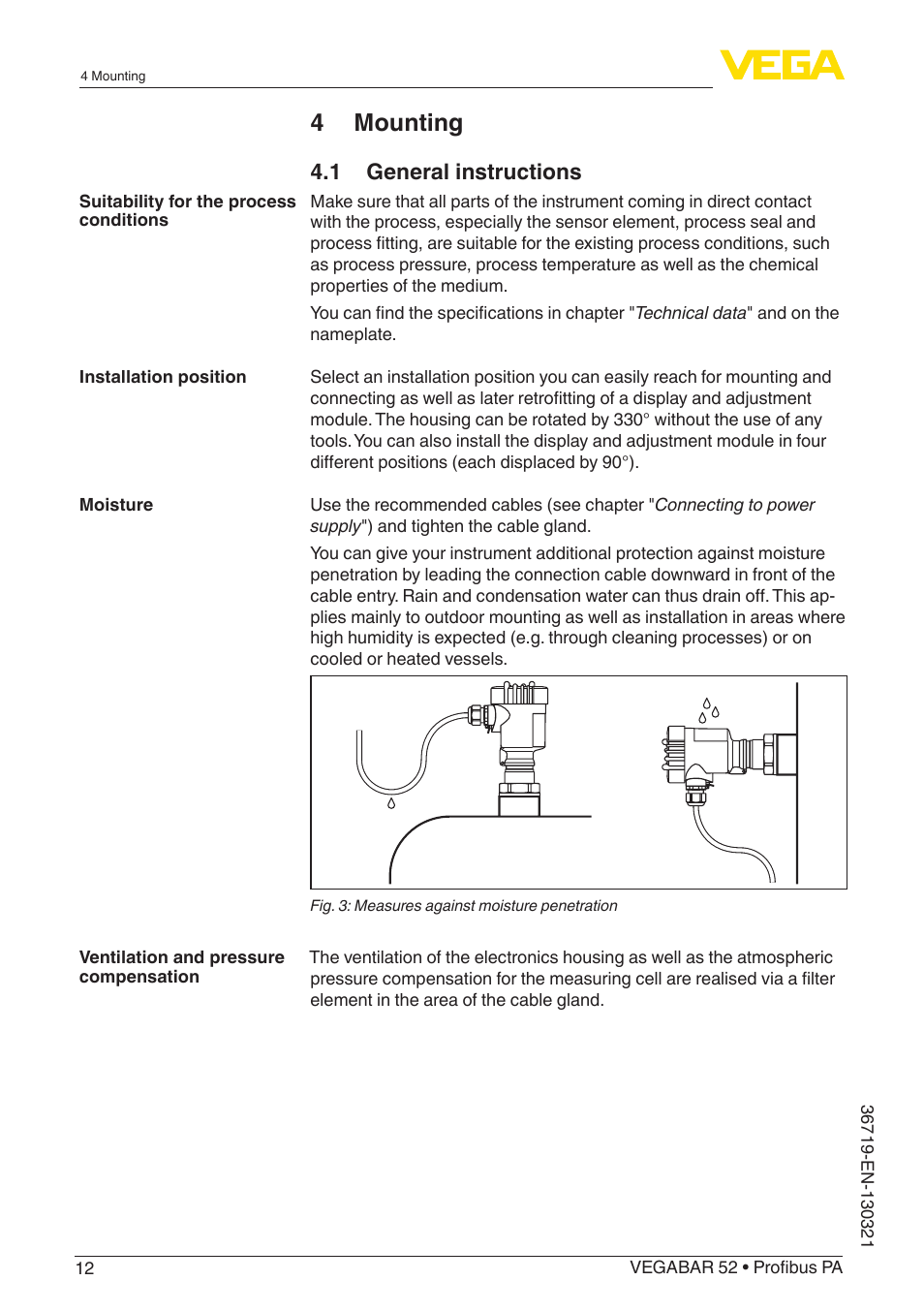 4 mounting, 1 general instructions | VEGA VEGABAR 52 Profibus PA User Manual | Page 12 / 68