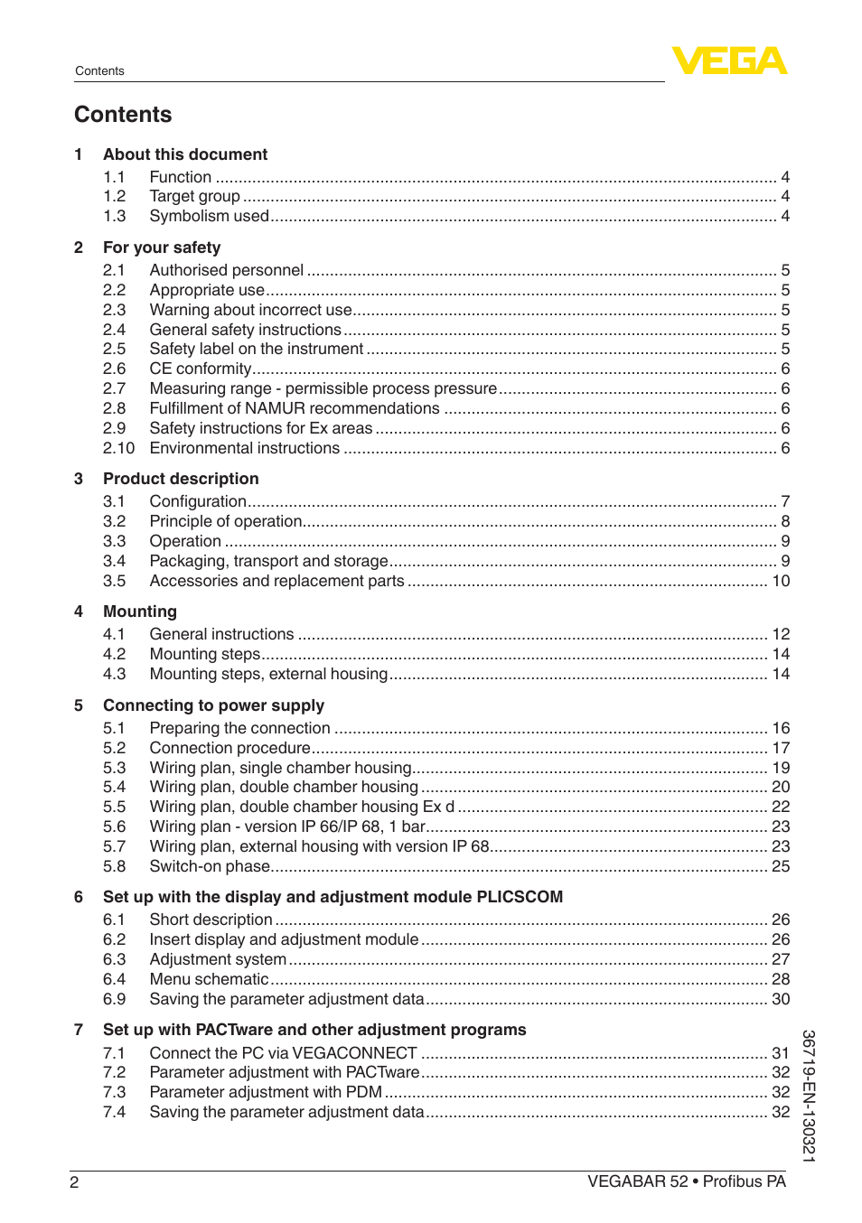 VEGA VEGABAR 52 Profibus PA User Manual | Page 2 / 68