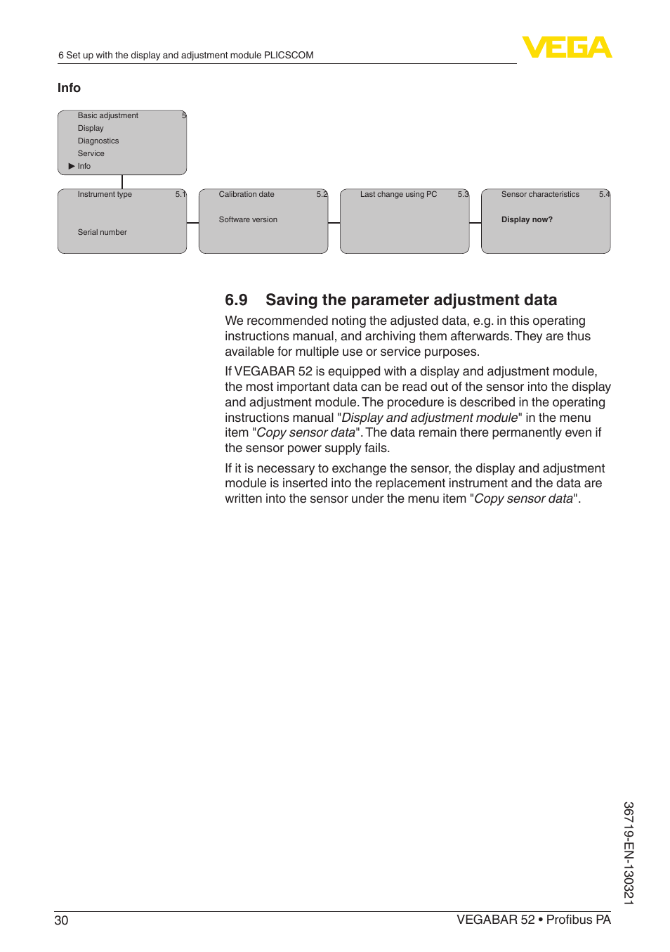 9 saving the parameter adjustment data | VEGA VEGABAR 52 Profibus PA User Manual | Page 30 / 68