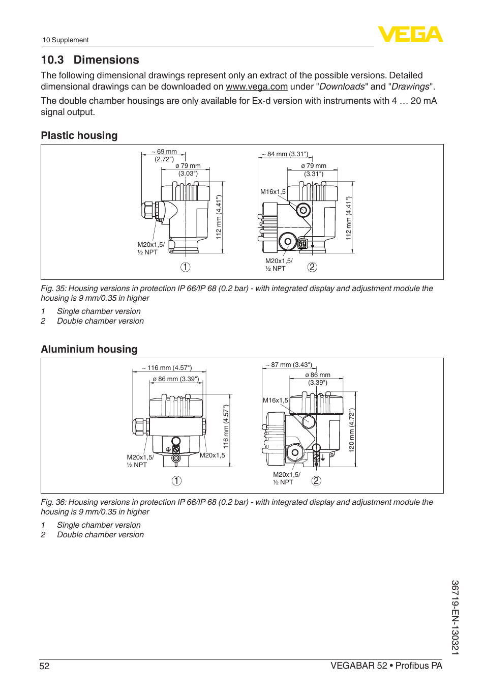 3 dimensions, Plastic housing, Aluminium housing | VEGA VEGABAR 52 Profibus PA User Manual | Page 52 / 68