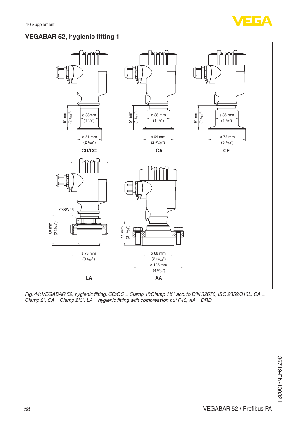 Vegabar 52, hygienic fitting 1, Ca cd/cc aa ce la | VEGA VEGABAR 52 Profibus PA User Manual | Page 58 / 68